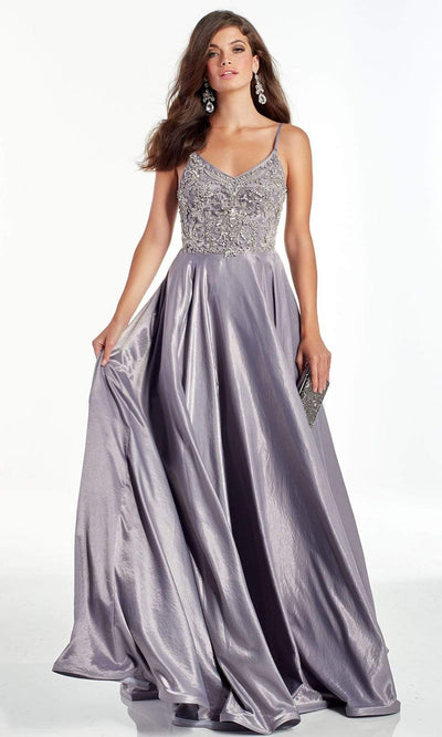 Alyce Paris - 60971 V-Neck Beaded Bodice Satin A-Line Gown Prom Dresses 000 / Lilac Grey