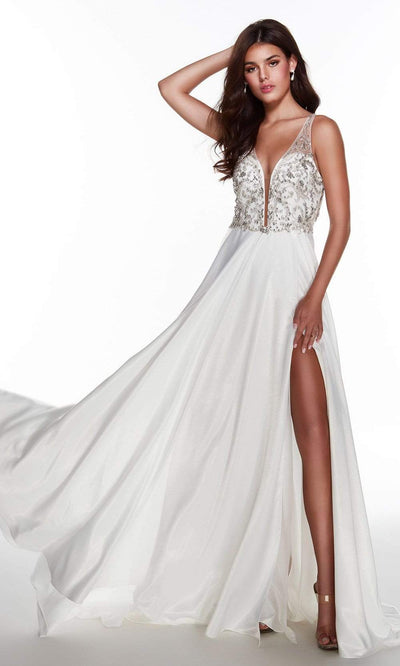 Alyce Paris - 60974 Embellished Plunging V-Neck Charmeuse Satin Gown Prom Dresses 000 / Diamond White