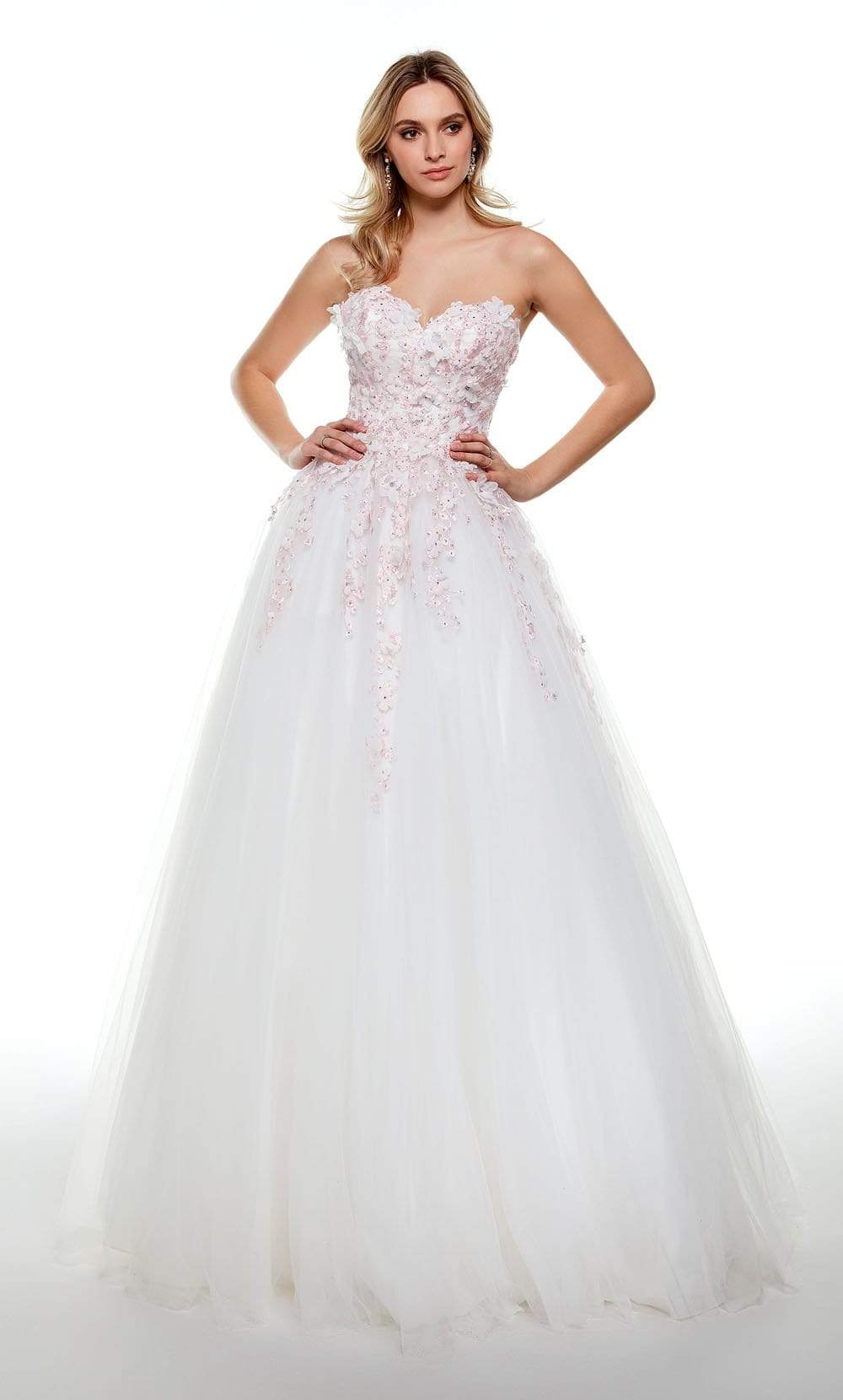 Alyce Paris - 61007 Floral Applique Strapless Tulle Ballgown Special Occasion Dress In White