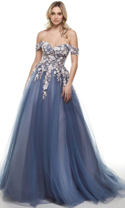 Alyce Paris 61017 - Off-shoulder Sweetheart Neck Long Dress Special Occasion Dress 000 / Storm Cloud/Pink