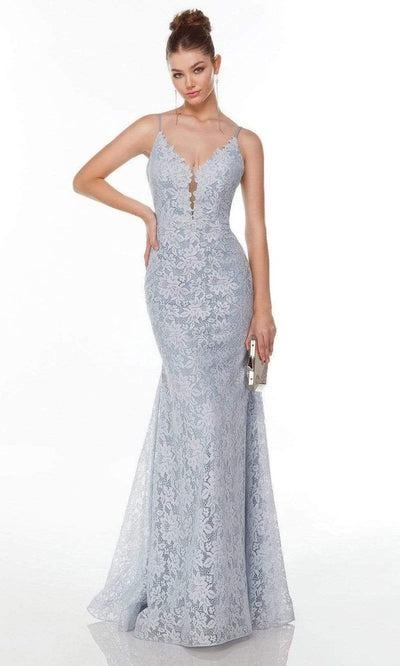 Alyce Paris - 61069 Floral Lace Trumpet Gown Prom Dresses 000 / Silver Lake