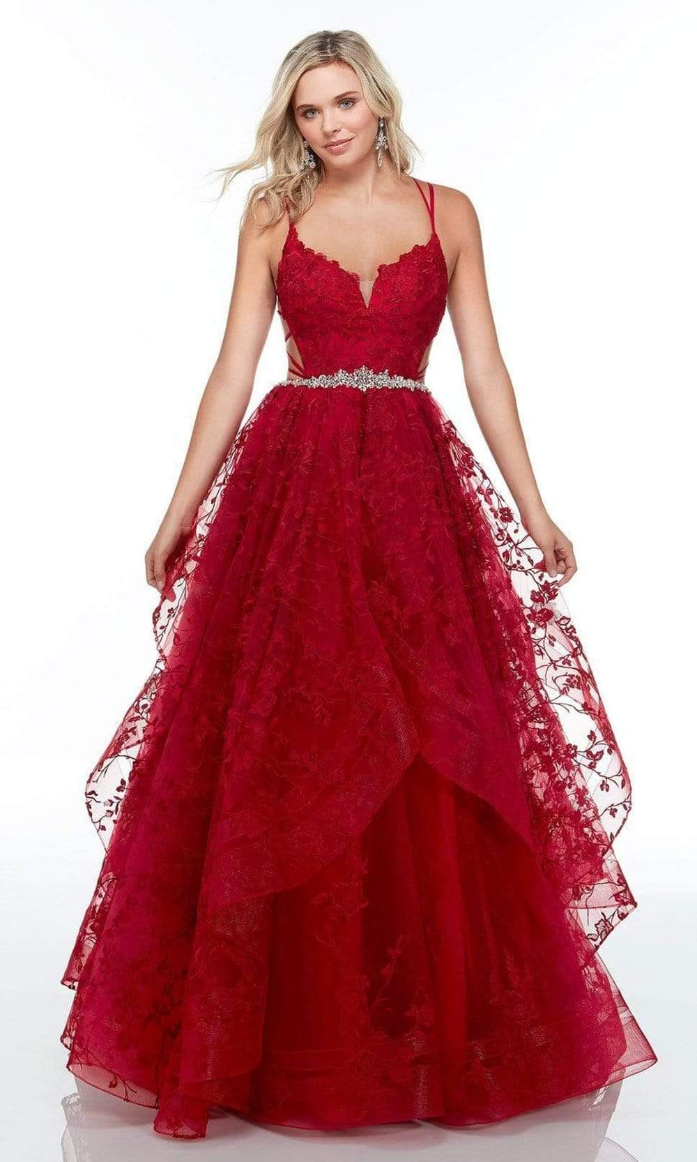 Alyce Paris - 61096 Sleeveless Floral Lace Ballgown Prom Dresses 000 / Claret