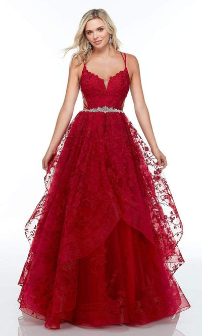 Alyce Paris - 61096 Sleeveless Floral Lace Ballgown Prom Dresses 000 / Claret
