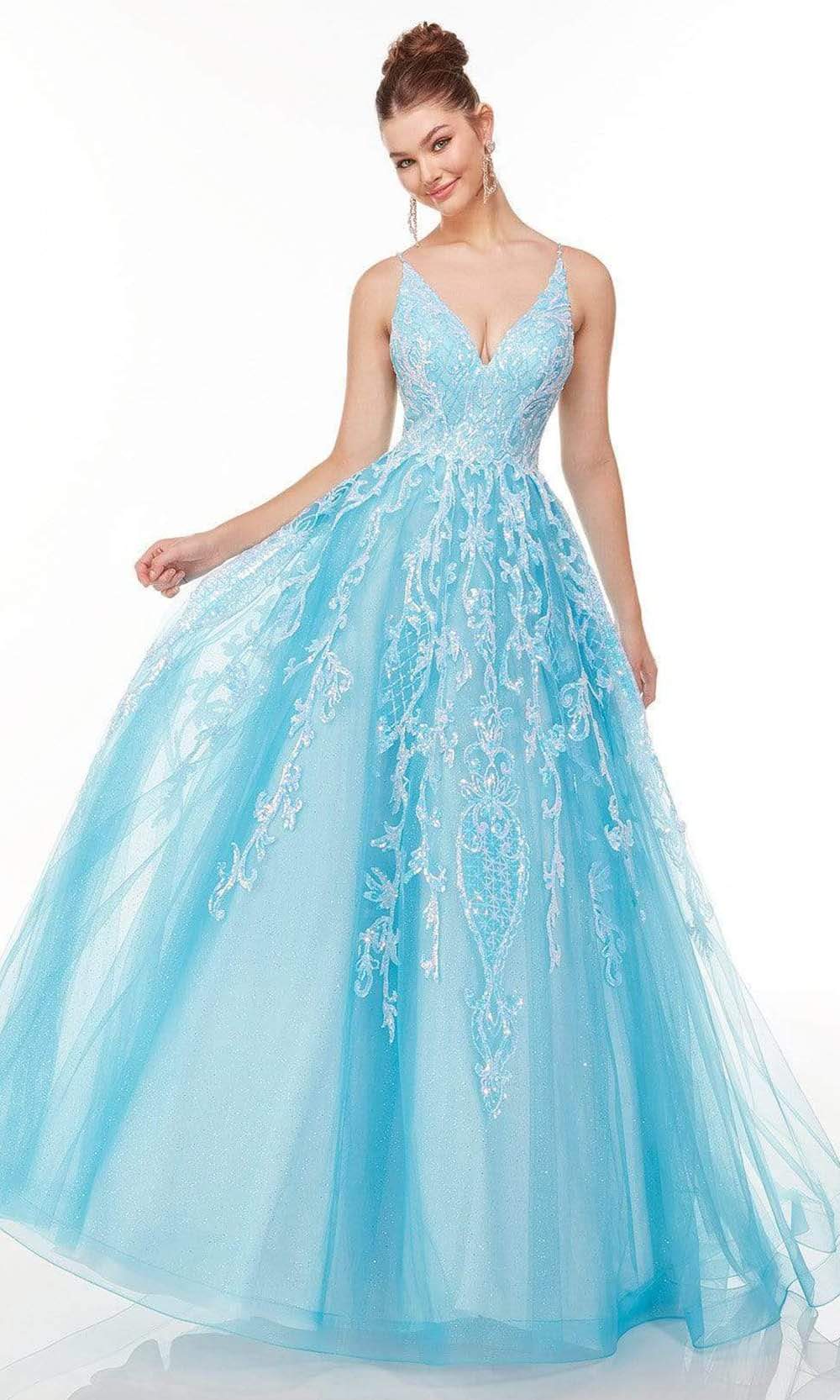 Alyce Paris - 61101 V-Neck Embellished Tulle Ballgown Prom Dresses 000 / Blue Mist