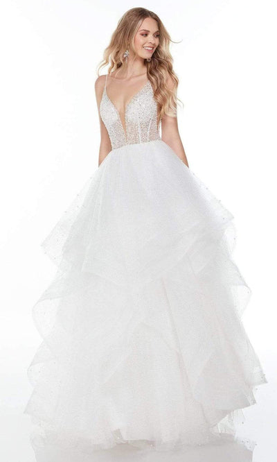 Alyce Paris - 61107 Pearl Beaded Organza A-Line Gown Wedding Dresses 000 / Diamond White Solid