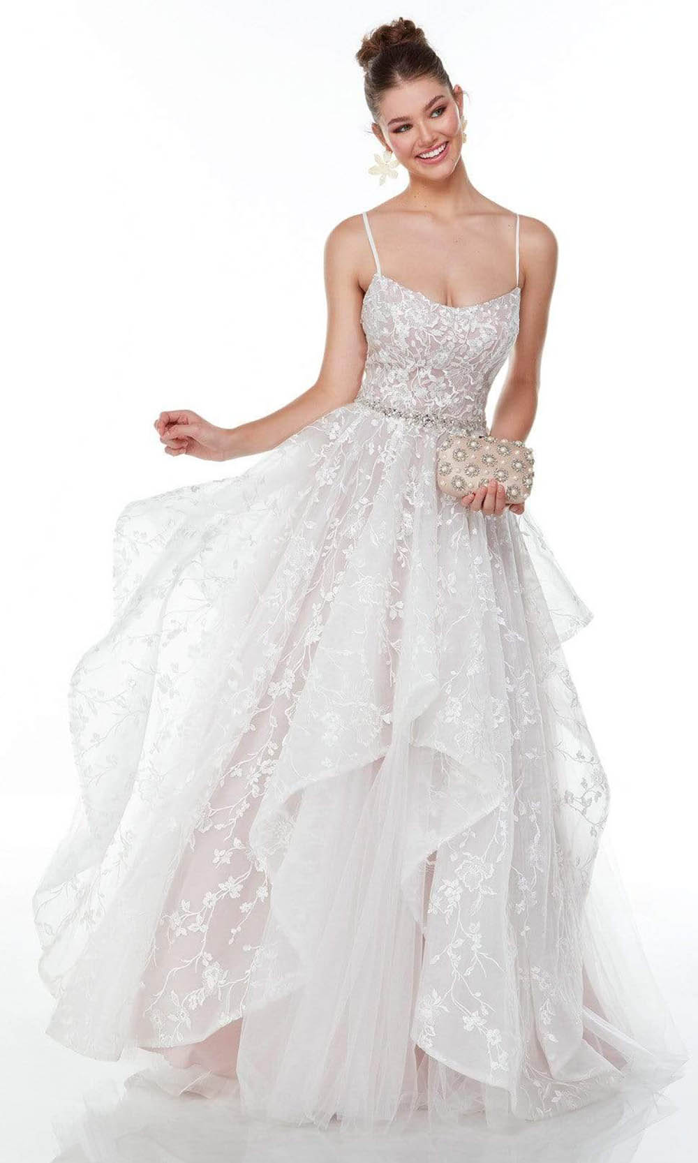 Alyce Paris - 61111 Scoop Neck Layered Ballgown Formal Gowns 000 / Diamond White/Cashmere Rose