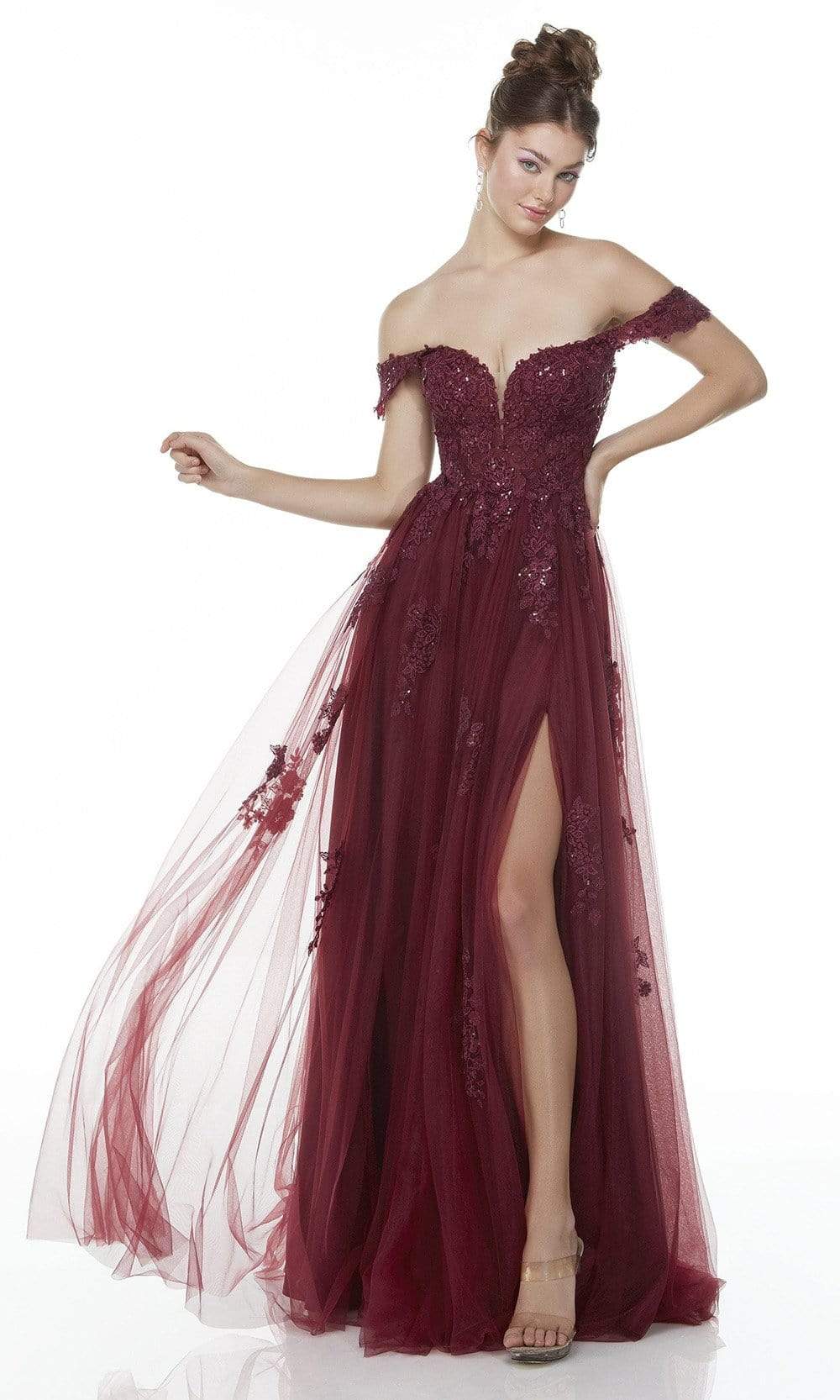 Alyce Paris - 61127 Lace Accented High Slit Gown Prom Dresses 000 / Cerise
