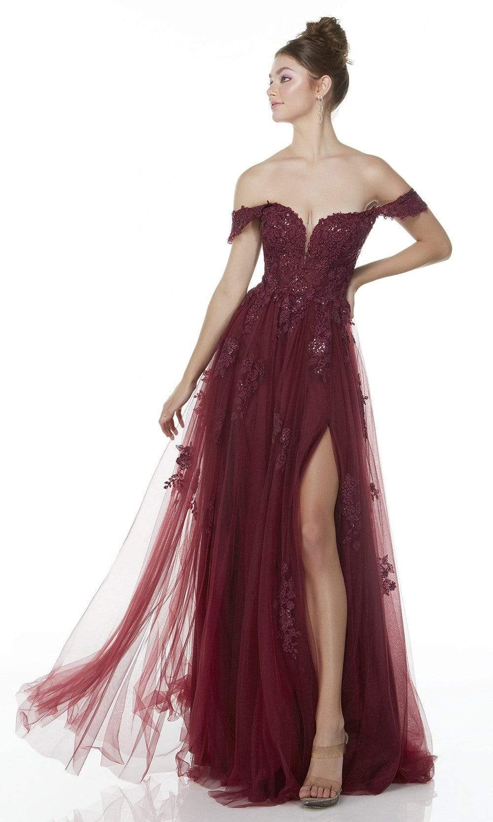 Alyce Paris - 61127 Lace Accented High Slit Gown Prom Dresses