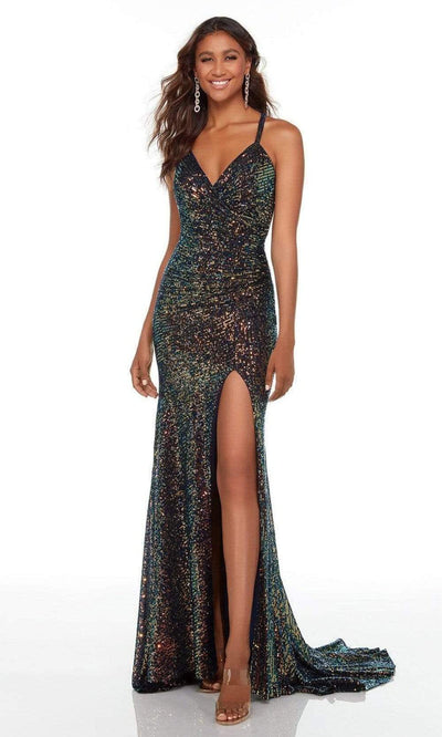 Alyce Paris - 61150 Sequined High Slit Gown Special Occasion Dress 000 / Dragon Scale