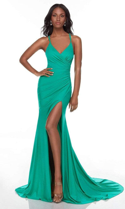 Alyce Paris - 61156 Shirred High Slit Gown Special Occasion Dress 000 / Emerald