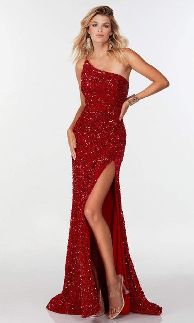 Alyce Paris - 61180 Sequined Asymmetric Slit Long Gown Prom Dresses 000 / Red