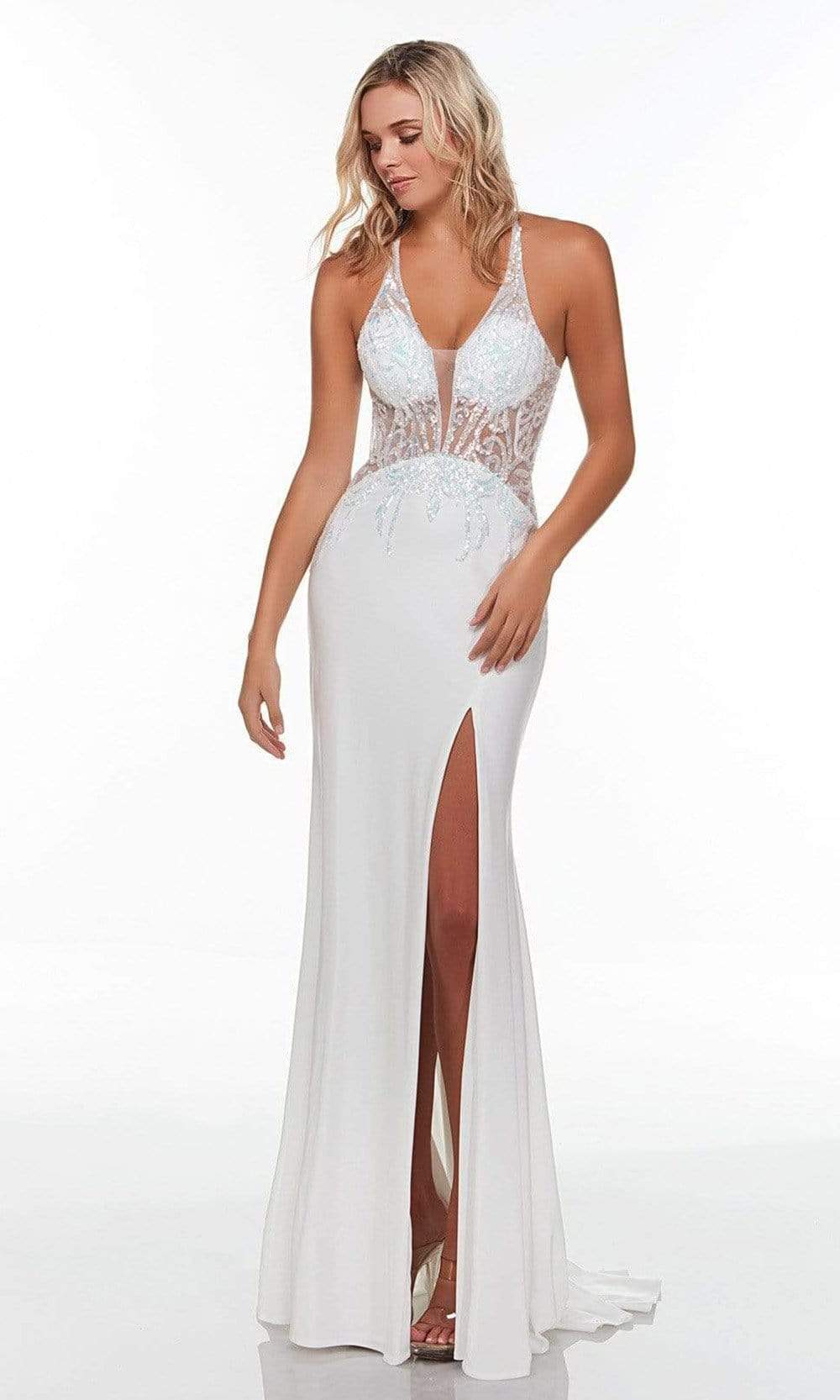 Alyce Paris - 61190 Plunging V-Neck High Slit Dress Prom Dresses 000 / Diamond White/Opal