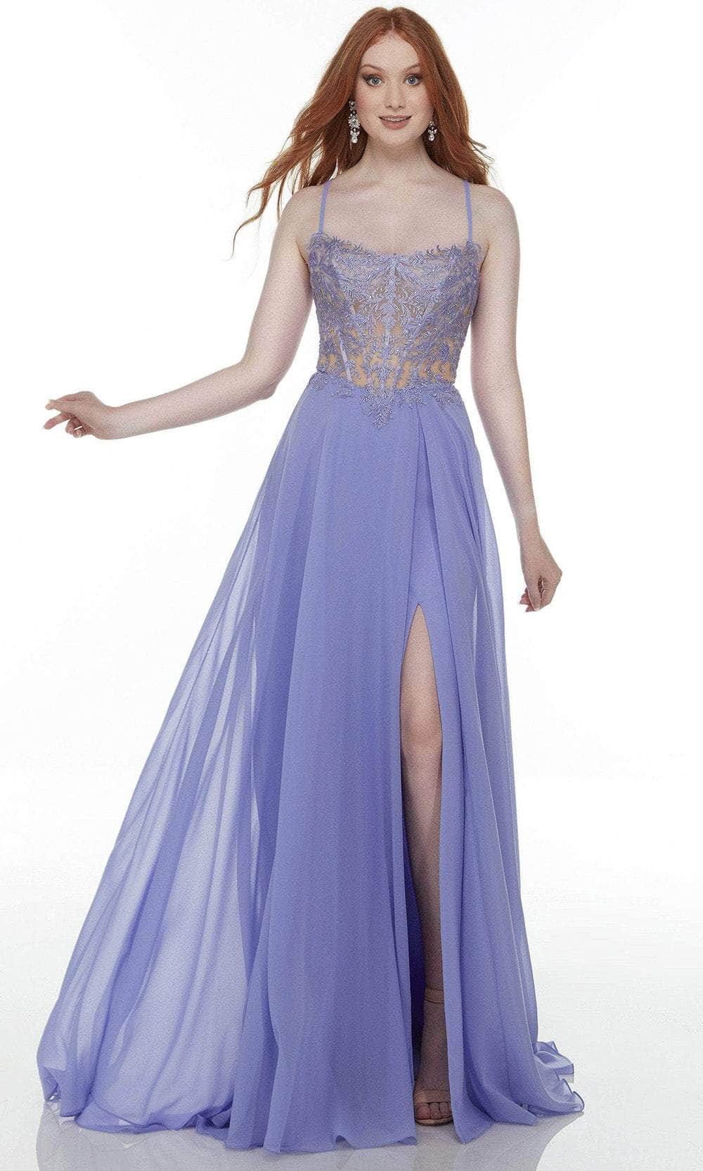 Alyce Paris 61198 - Scoop Neck High Slit Prom Gown Special Occasion Dress 000 / Blue Iris