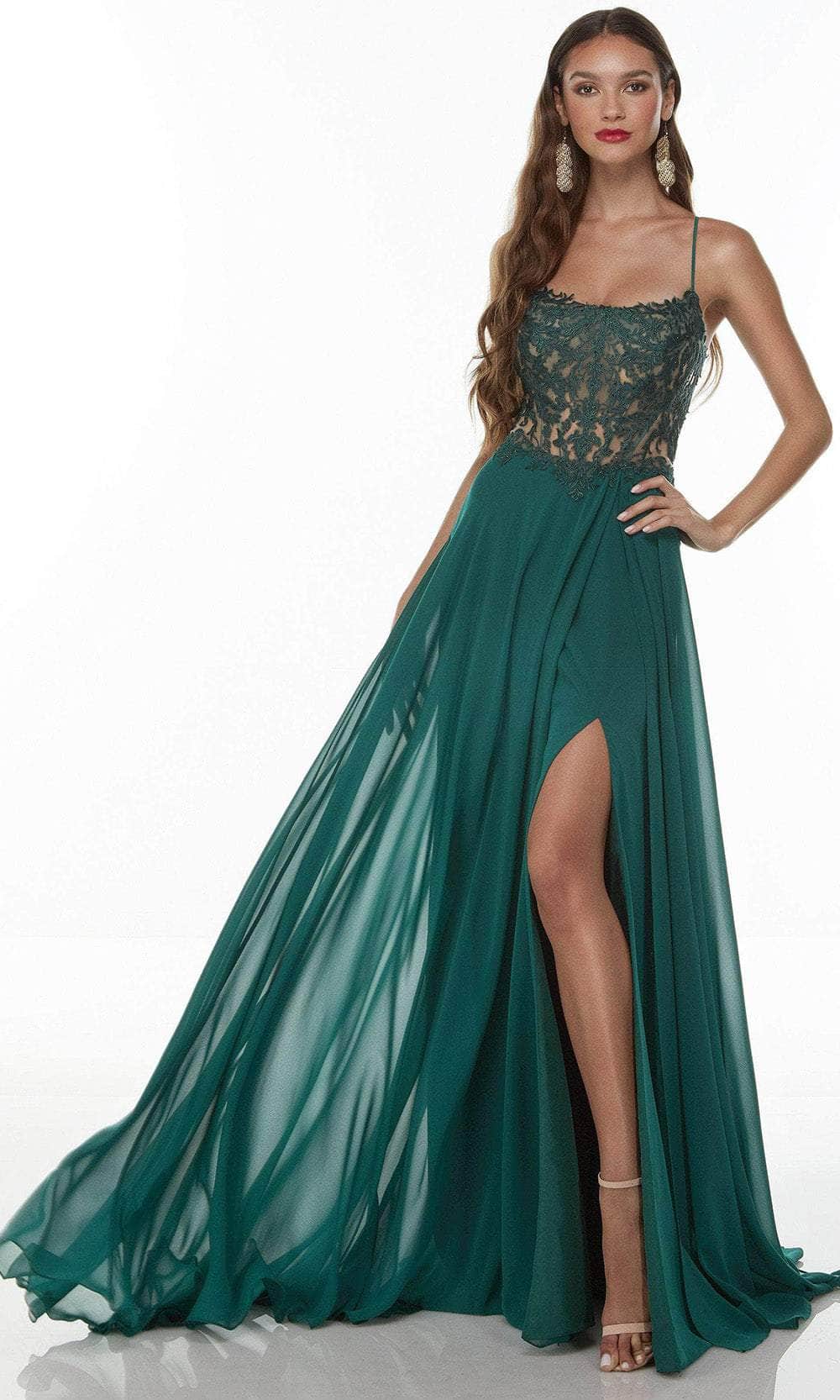 Alyce Paris 61198 - Scoop Neck High Slit Prom Gown Special Occasion Dress 000 / Pine