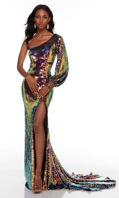 Alyce Paris - 61207 Asymmetric Shiny Sheath Gown Prom Dresses 000 / Dragon Scale