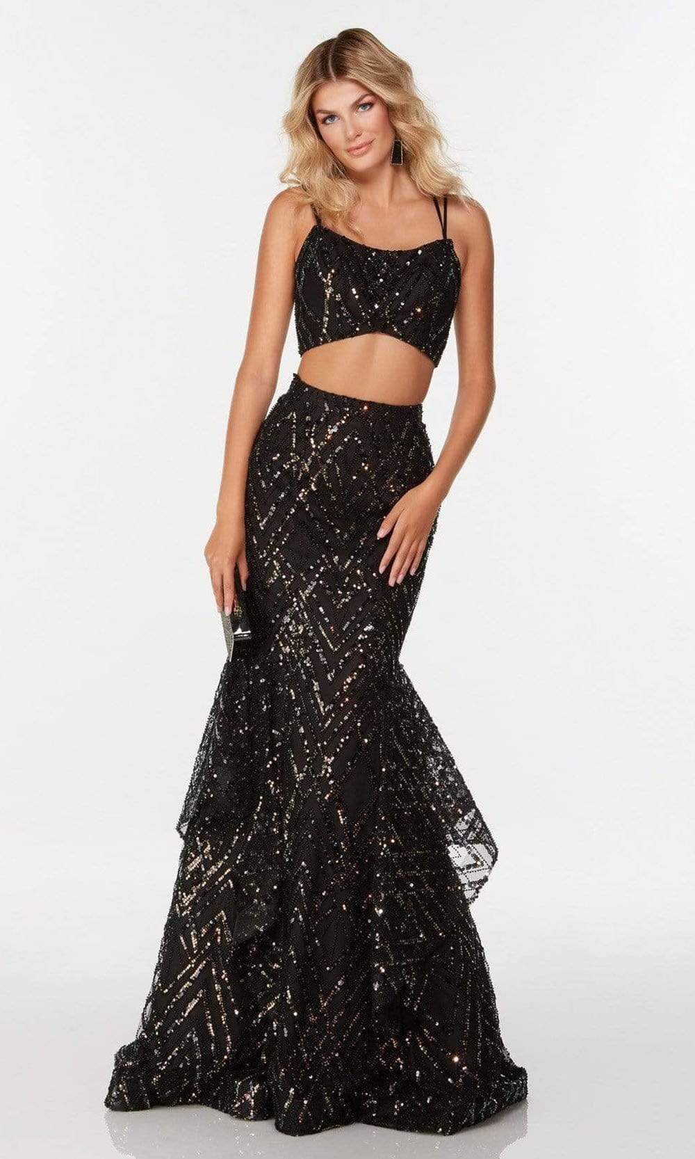 Alyce Paris - 61212 Two Piece Strappy Sequined Gown Prom Dresses 000 / Black/Gold