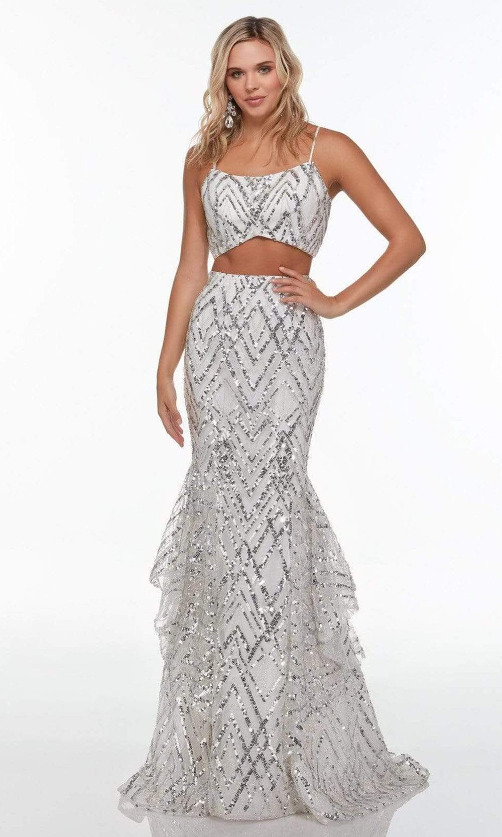 Alyce Paris - 61212 Two Piece Strappy Sequined Gown Prom Dresses 000 / Silver/White