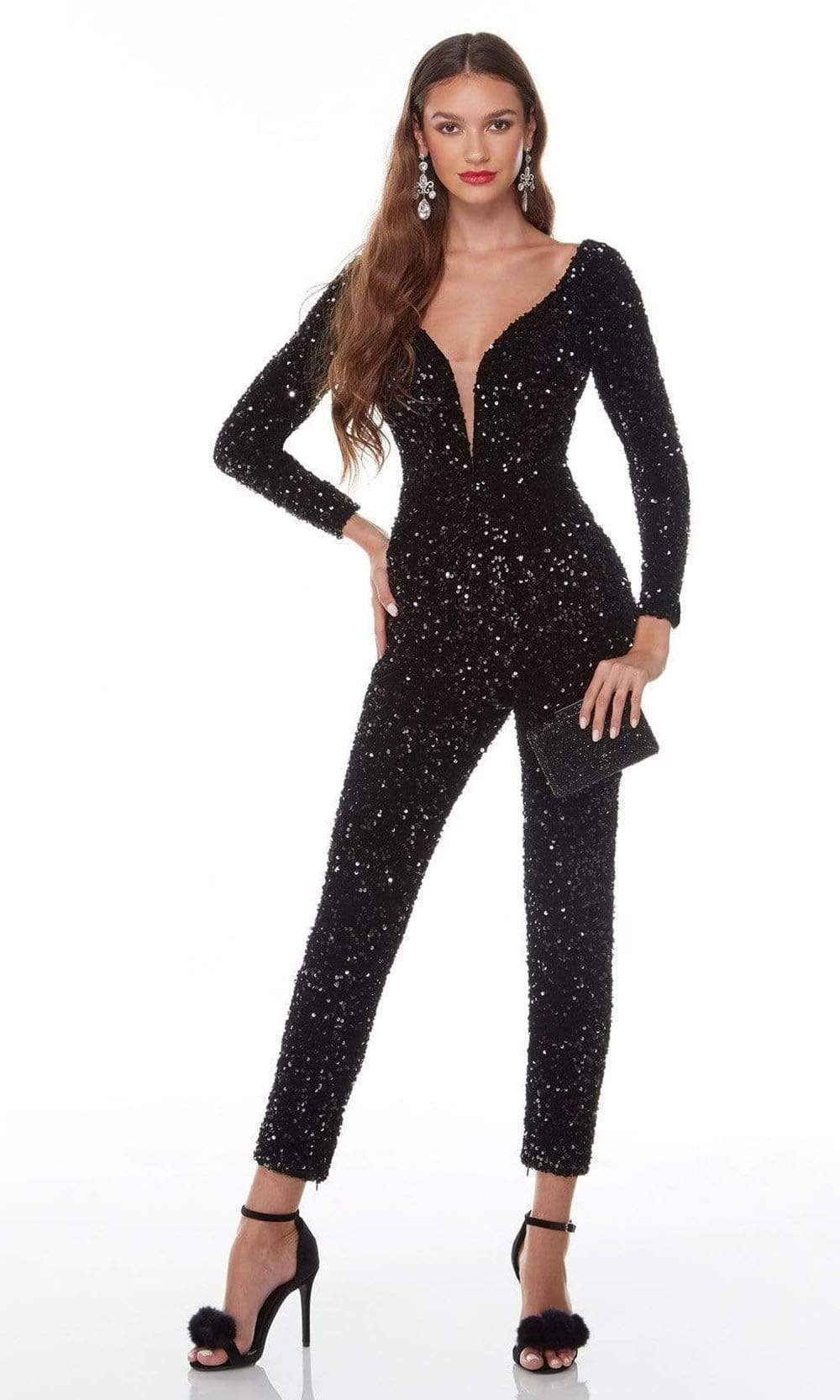 Alyce Paris - 61217 V Neck And Back Sequined Jumpsuit Evening Dresses 000 / Black