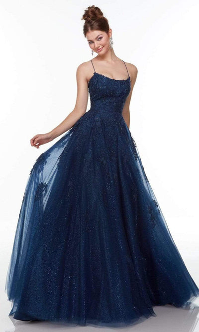 Alyce Paris - 61221 Glittered Floral A-Line Gown Prom Dresses 000 / Navy