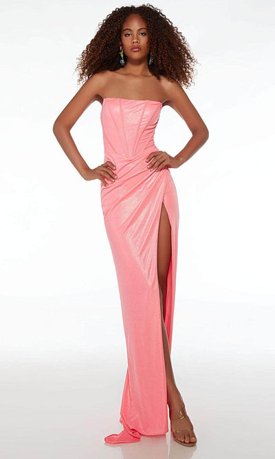 Alyce Paris 61512 - Metallic Prom Dress with Slit Special Occasion Dress 000 / Neon Pink