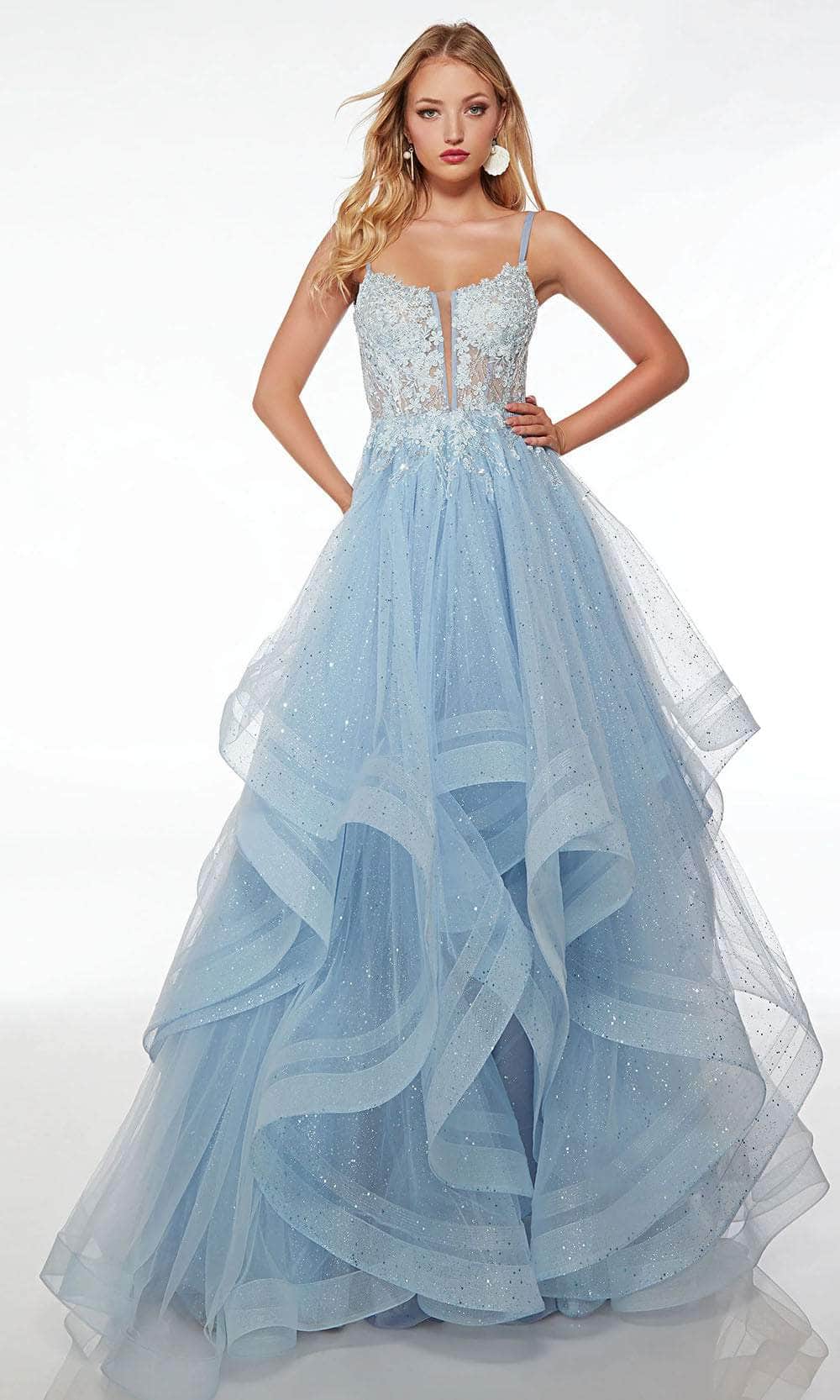 Alyce Paris 61543 - Lace Appliqued Ruffled Prom Gown Special Occasion Dress 000 / Glacier Blue