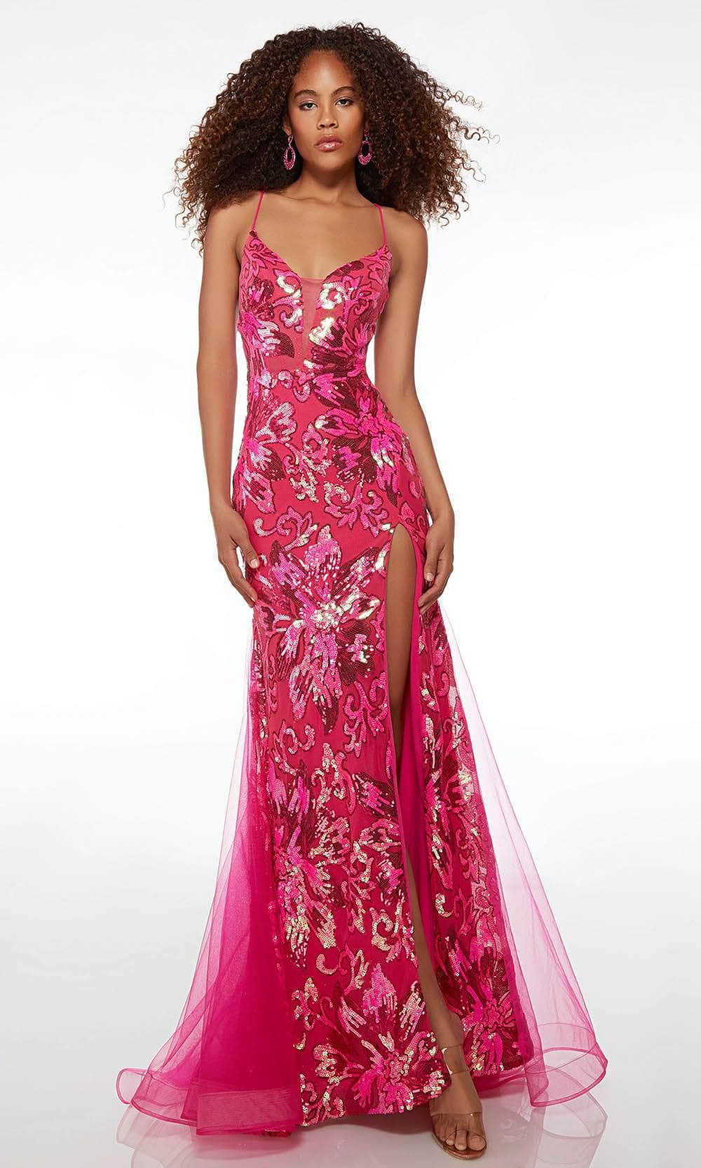 Alyce Paris 61617 - Plunging V-Neck Floral Prom Gown Special Occasion Dress 000 / Fuchsia