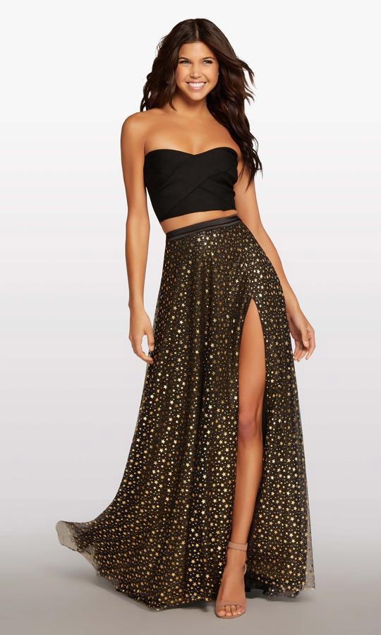 Alyce Paris - 110 Two Piece Strapless A-Line Dress with Slit In Black and Gold