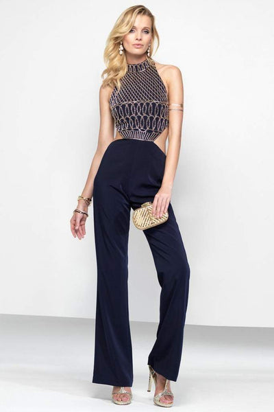 Alyce Paris - Lattice Beaded Embellished High Halter Jumpsuit 2577 - 1 pc Ivory In Size 2 Available CCSALE 2 / Ivory