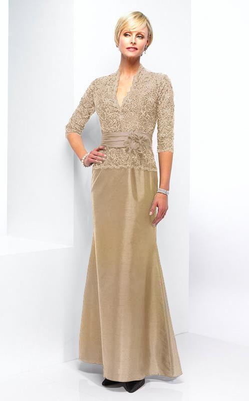 Alyce Paris - V Neckline Lace Top Shantung Sheath Evening Gown 29143 CCSALE 12 / Gold