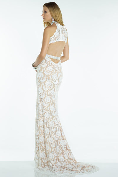 Alyce Paris - Fitted Lace Halter Long Dress with Slit 46549 In Ivory/Nude