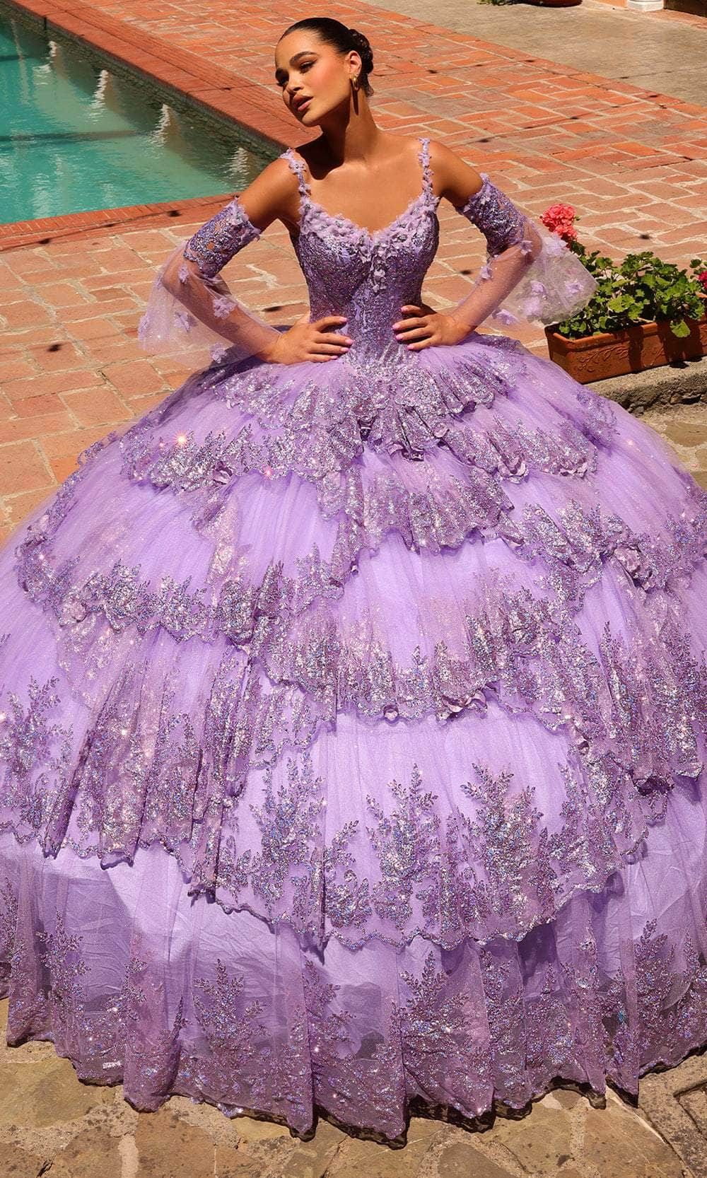 Amarra 54300 - V-Neck Tiered Ballgown 4 / Lilac