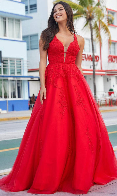 Amarra 88510 - V-Neck Embellished Ballgown Special Occasion Dress 00 / Red