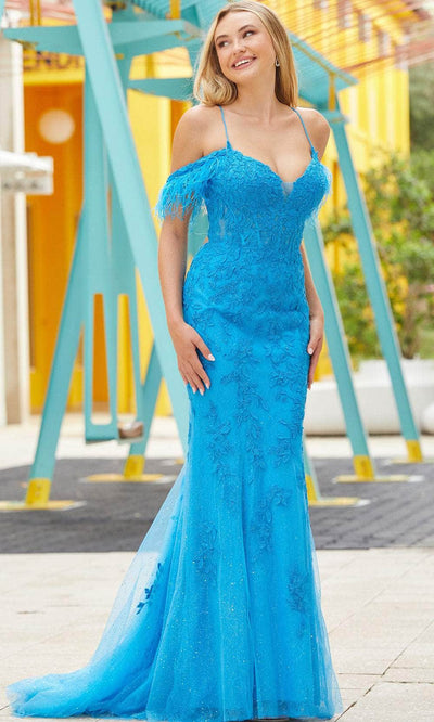Amarra 88511 - Off Shoulder Embellished Prom Gown Special Occasion Dress 00 / Light Blue