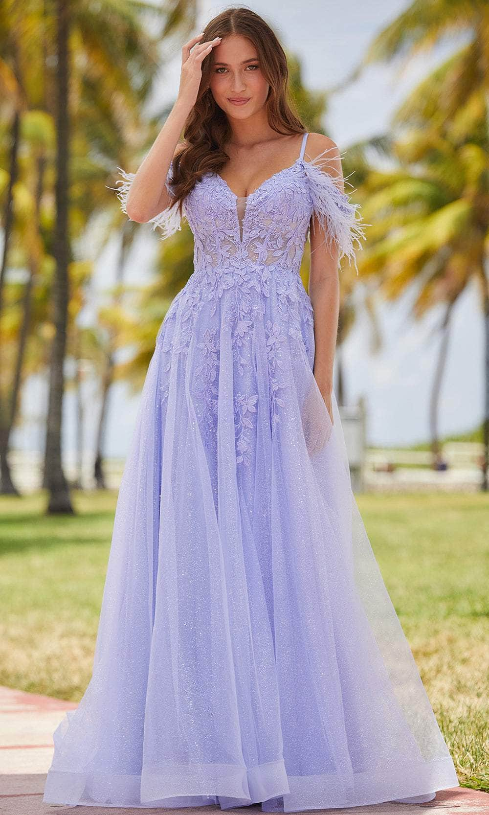 Amarra 88537 - Off-Shoulder Lace Appliqued Ballgown Special Occasion Dress 00 / Periwinkle