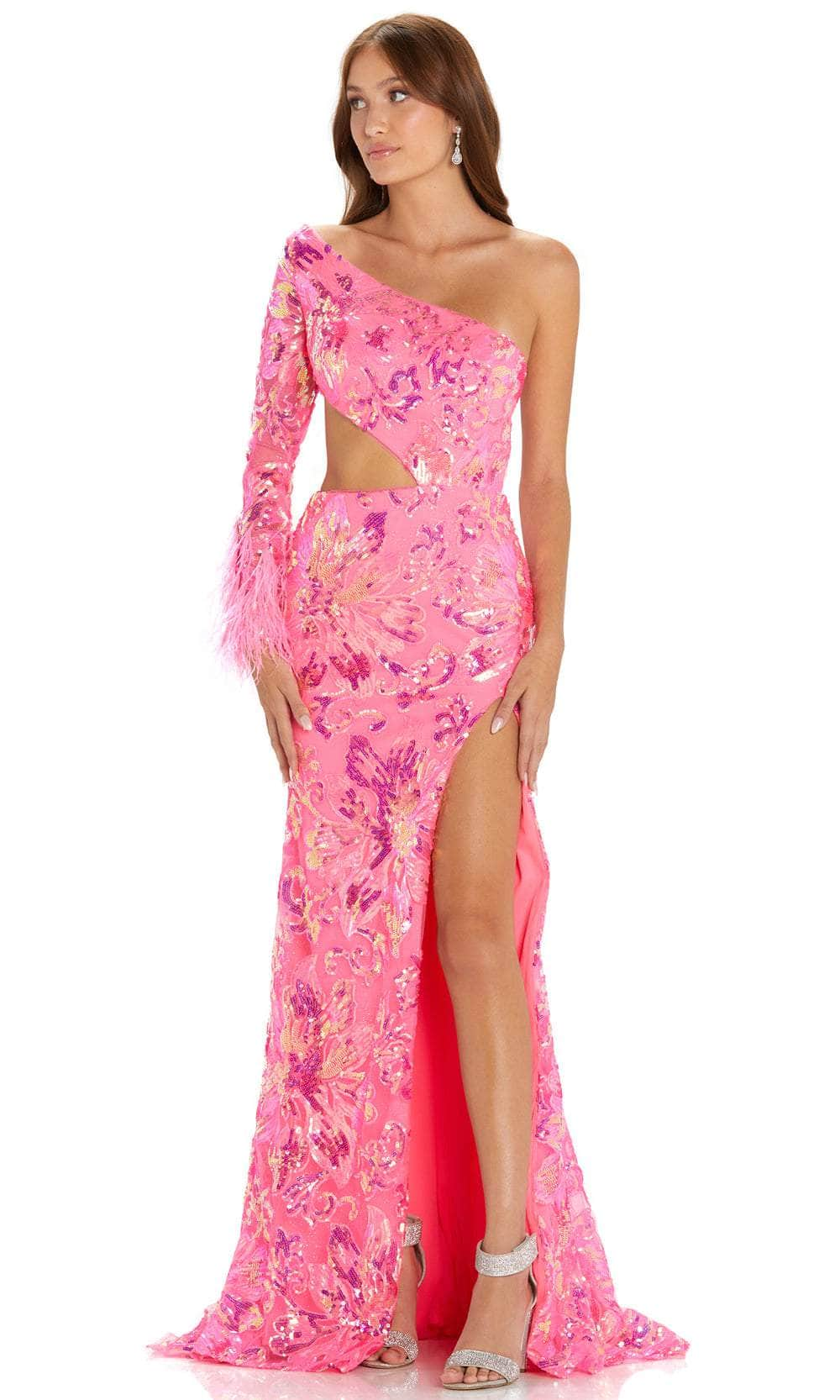 Amarra 88562 - Feathered Long-Sleeve Prom Gown Special Occasion Dress 00 / Neon Pink