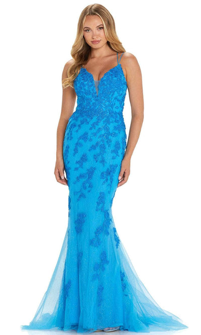 Amarra 88588 - V-Neck Leaf Appliqued Prom Gown Special Occasion Dress 00 / Peacock