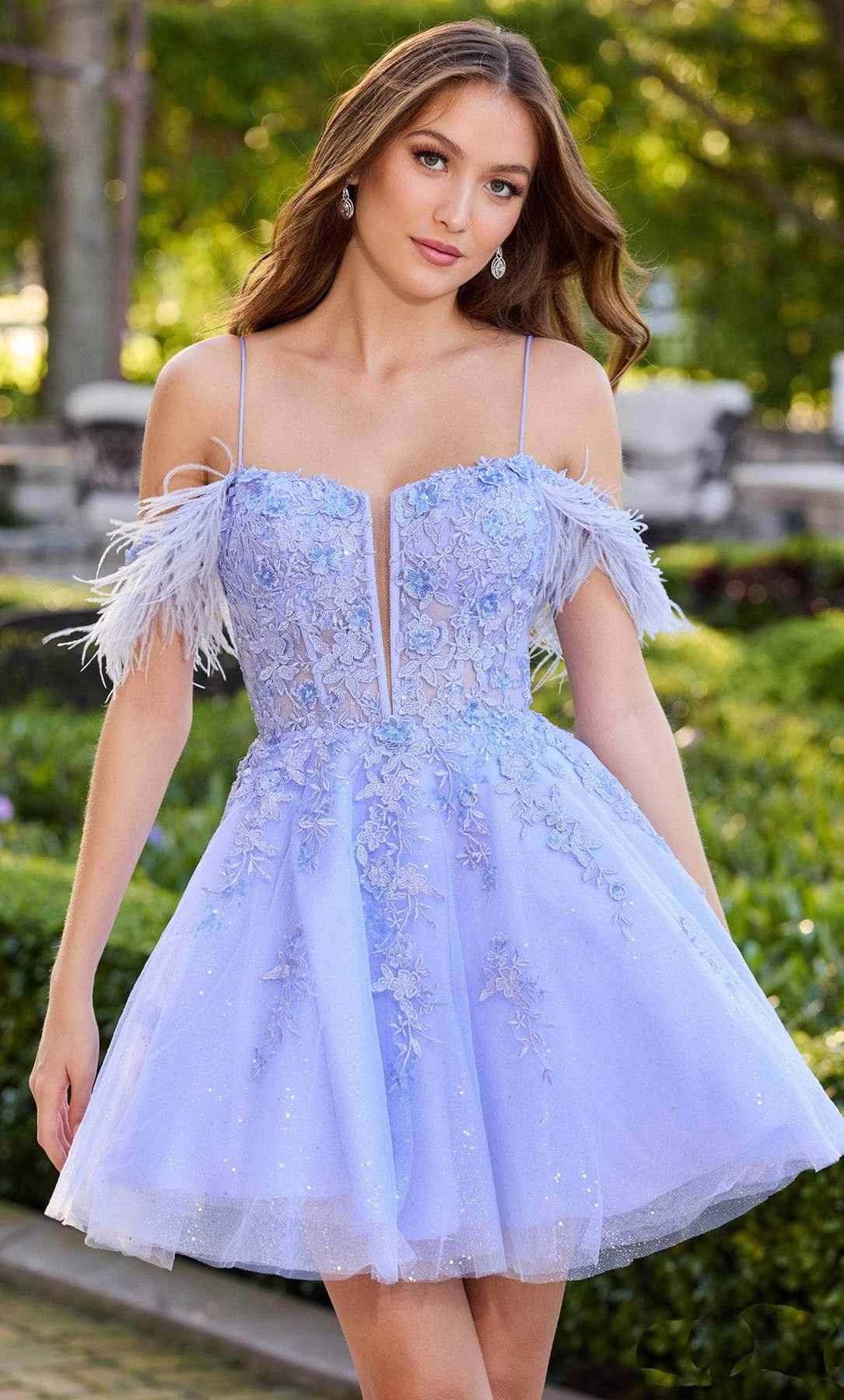 Amarra 88663 - Short A-line Dress - Corset Bodice, Embroideries, Sheer Insert, Feather Details, Lace-Up Tie, Off-Shoulder, Pockets ADASA Amarra 88663 - Short A-line Dress - Corset Bodice, Embroideries, Sheer Insert, Feather Details, Lace-Up Tie, Off-Shoulder, Pockets ADASA