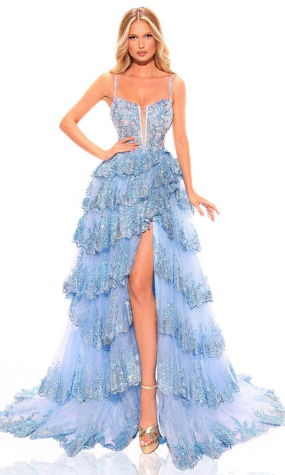 Amarra 88745 - Applique Corset Prom Dress with Slit 000 / Periwinkle