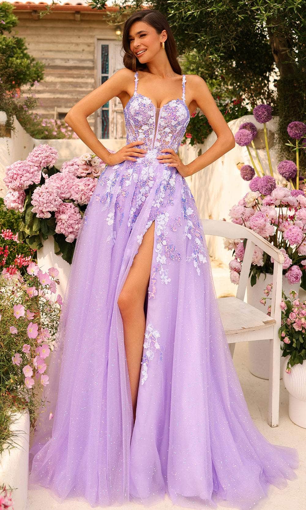 Amarra 88754 - Embellished Plunging Ballgown 0 / Lilac