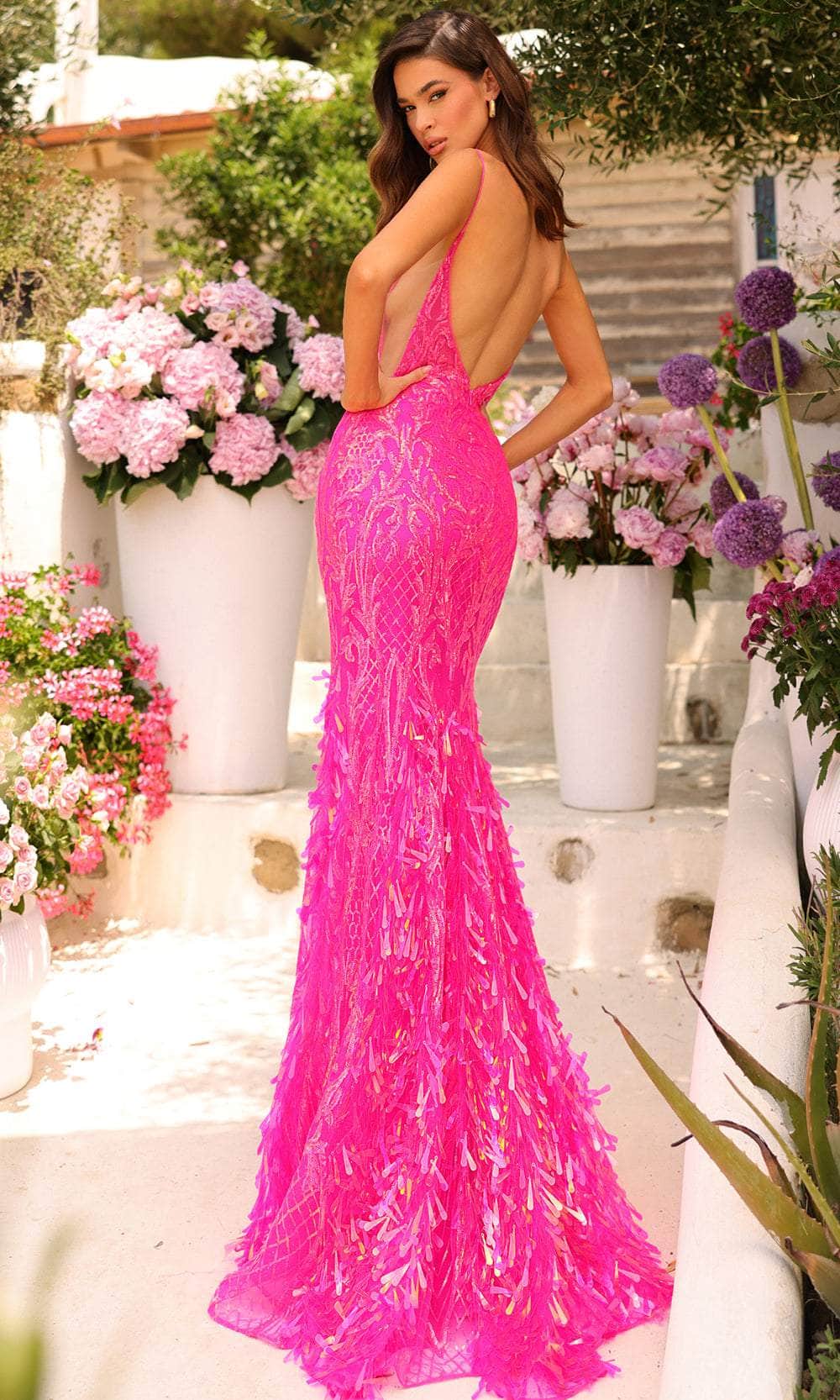 Amarra 88763 - Sequin Pattern Prom Dress 0 / Neon Pink