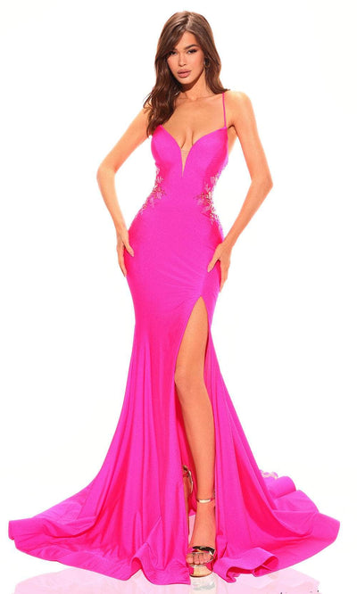 Amarra 88764 - Sequin Embroidered Prom Dress with Slit 2 / Bright Fuchsia/Multi