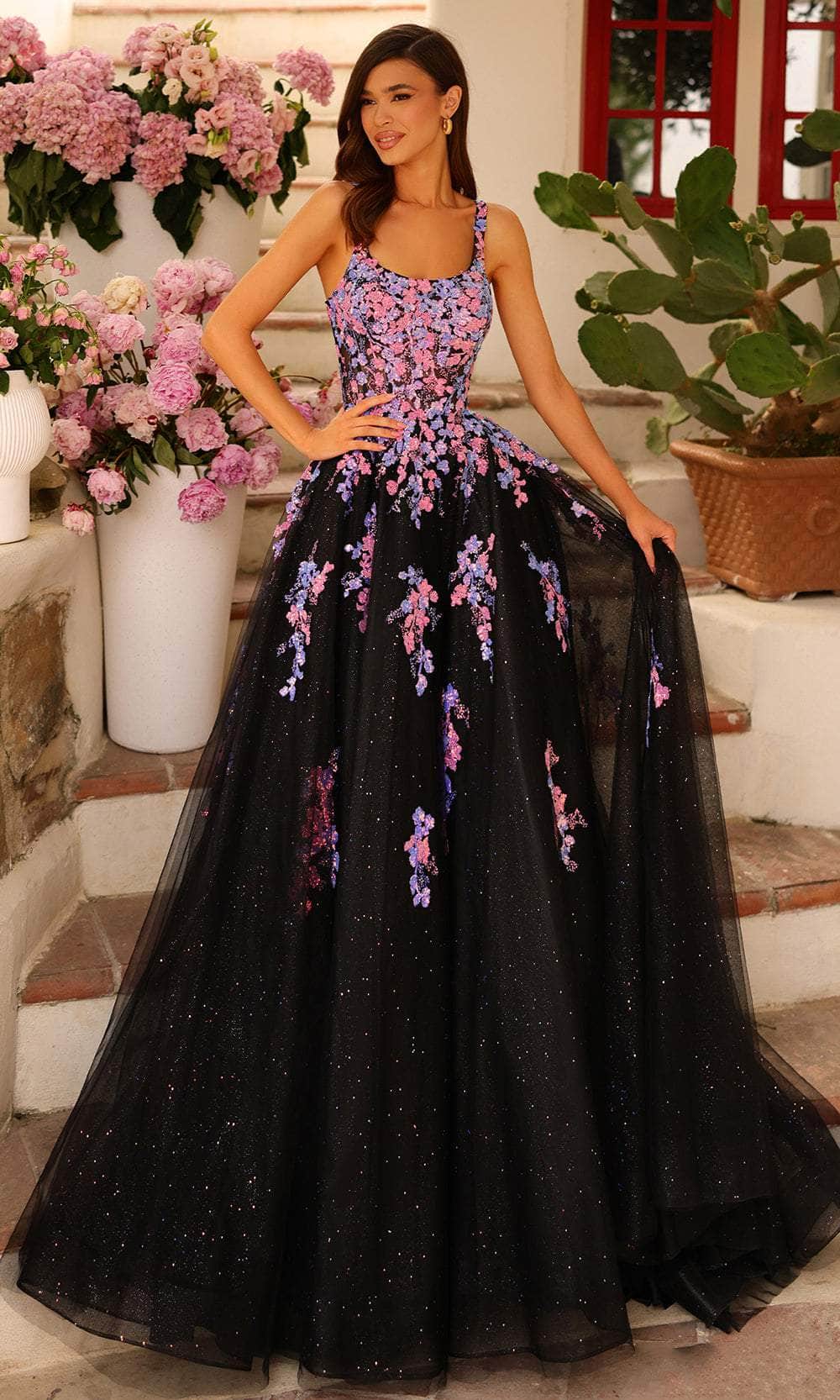 Amarra 88767 - Sequined Floral Prom Dress 000 / Black/Multi