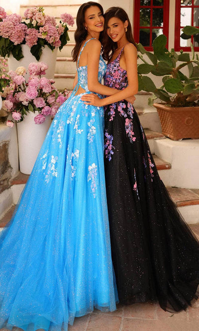 Amarra 88767 - Sequined Floral Prom Dress 4 / Turquoise