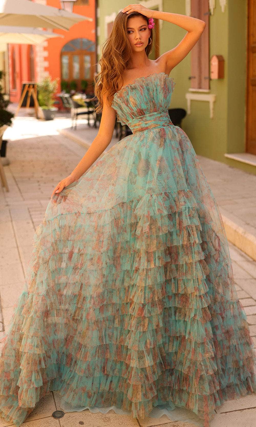 Amarra 88825 - Long A-Line Dress - Strapless, Floral Print, Crumbcatcher, Shirred Waistband, Midrise Back, Ruffle Trimmed, Concealed Zipper Closure, Sweep Train ADASA Amarra 88825 - Long A-Line Dress - Strapless, Floral Print, Crumbcatcher, Shirred Waistband, Midrise Back, Ruffle Trimmed, Concealed Zipper Closure, Sweep Train ADASA