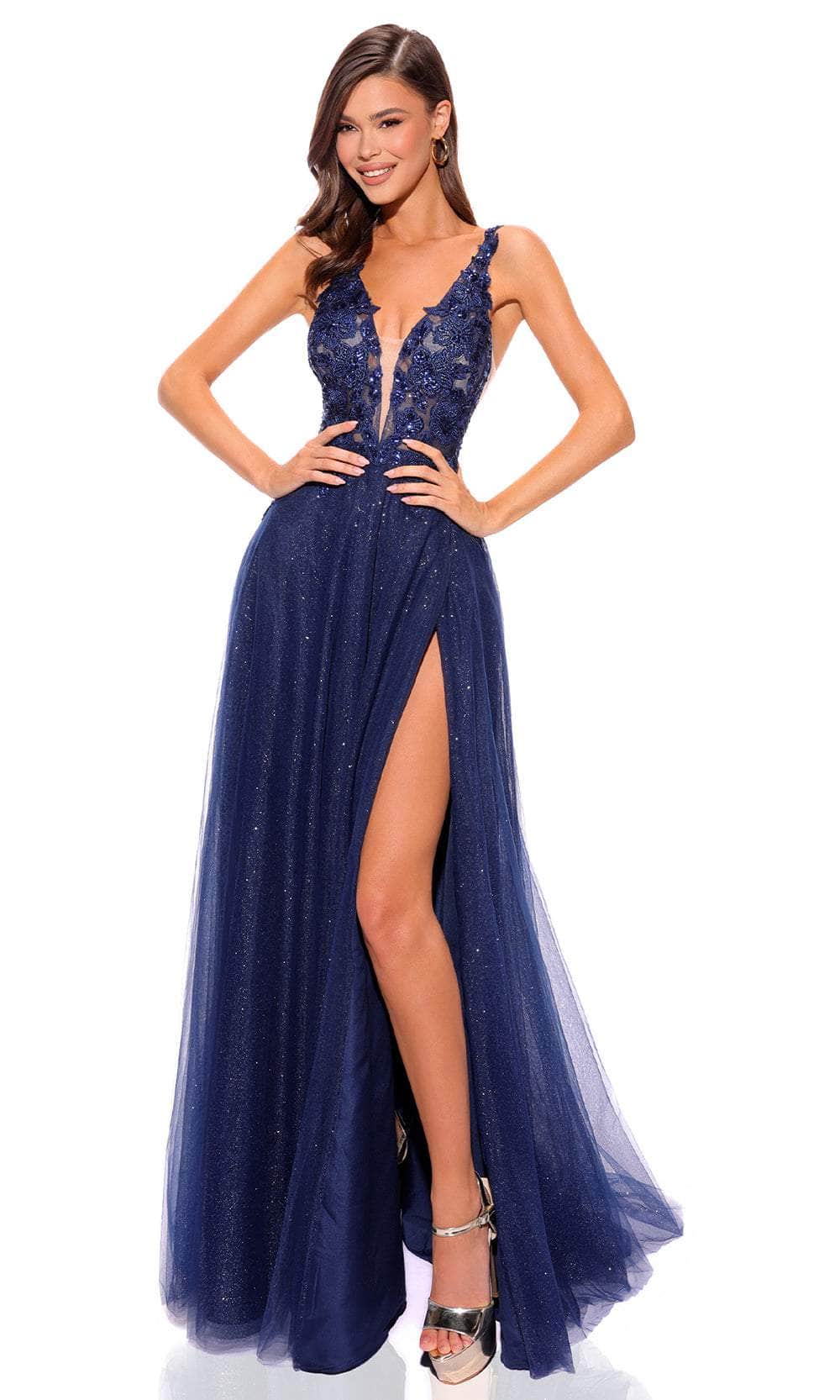 Amarra 88840 - Floral Embroidered Prom Dress 2 / Navy