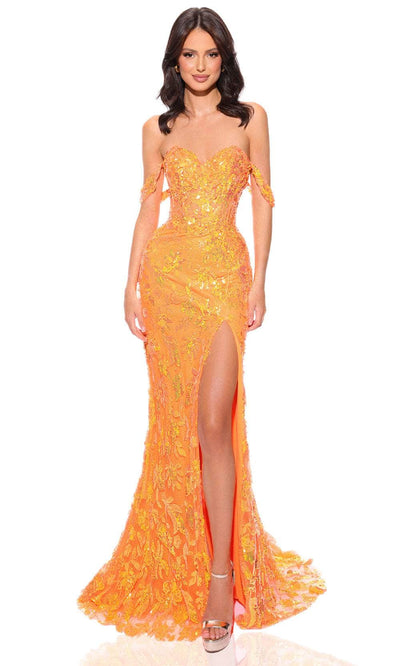 Amarra 88846 - Off-Shoulder High Slit Evening Dress 2 / Neon Orange