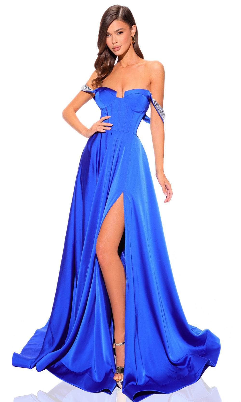 Amarra 88856 - Embellished Off-Shoulder Prom Dress 2 / Blue