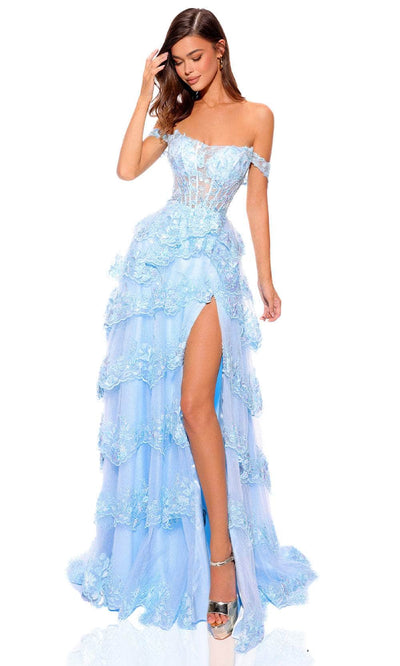 Amarra 88862 - Off-Shoulder Embroidered Gown 2 / Light Blue