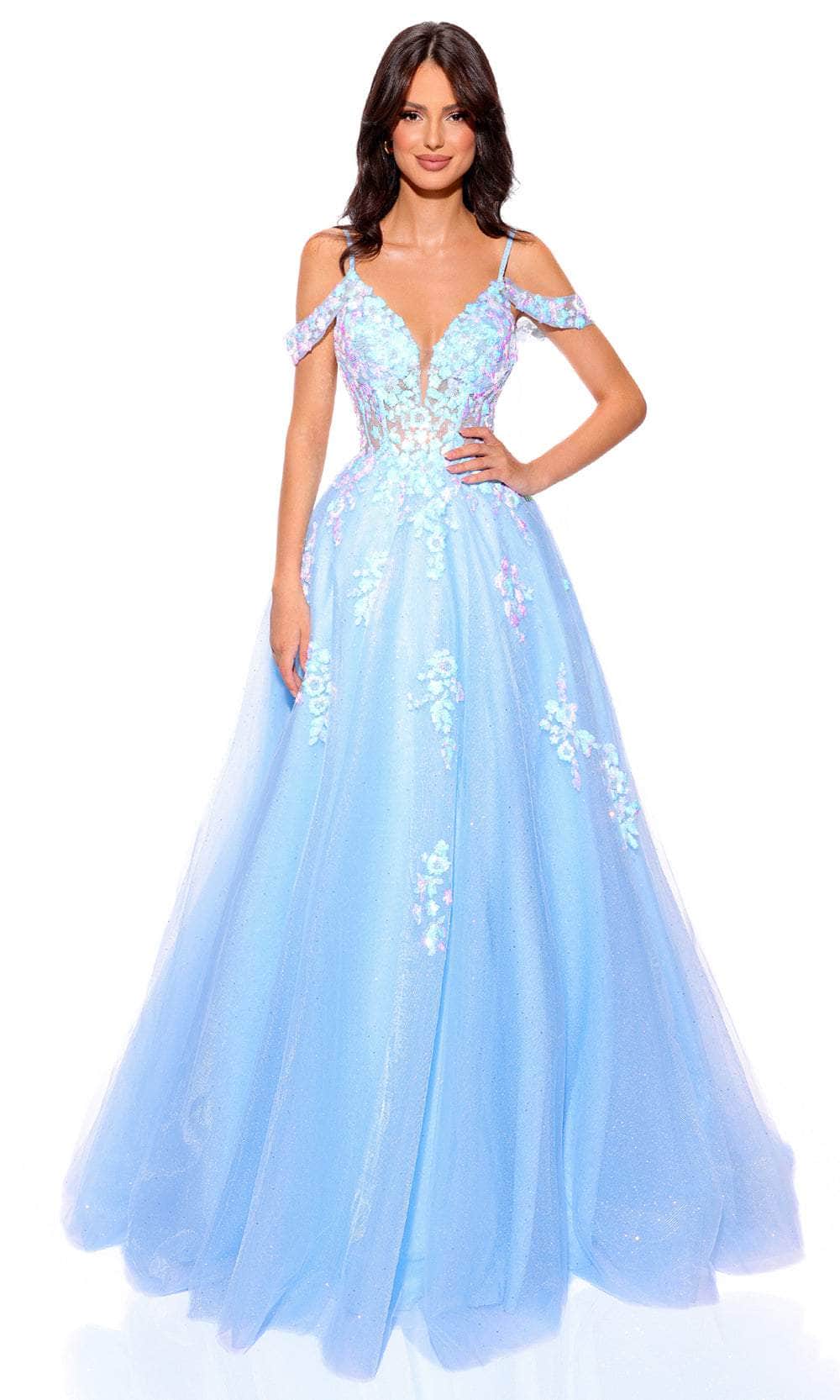Amarra 88875 - Sequin Tulle Prom Dress with Slit 2 / Blue