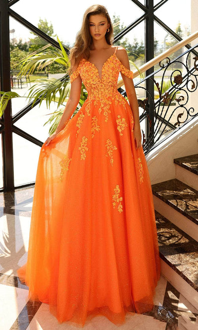 Amarra 88875 - Sequin Tulle Prom Dress with Slit 000 / Orange